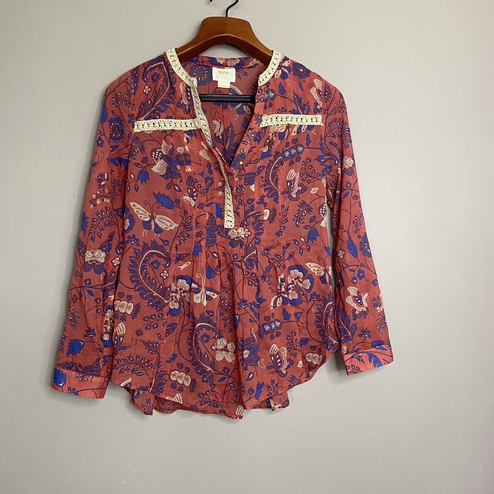 Maeve Anthropologie‎ Abella Floral Butterfly Blouse Size 0 Roll Tab Long Sleeve